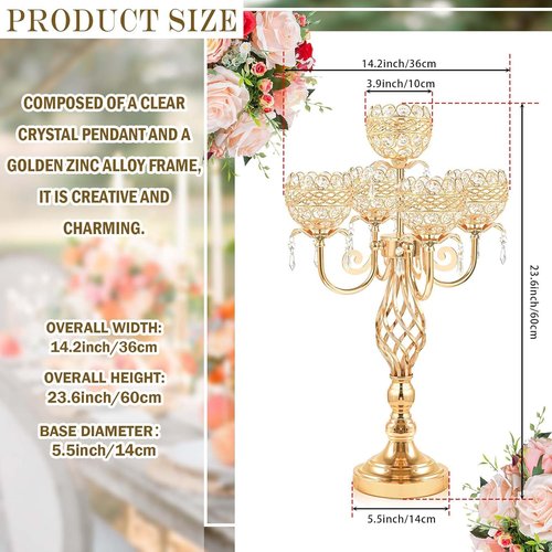Elegant 5-Arm Candelabra | Crystal Pendant Centerpiece - 23.6 Inch Tall for Weddings & Home Decor