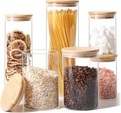 ComSaf Glass Food Storage Jars - Set of 6 Clear Containers with Lids for Kitchen Organization | Ideal for Pasta, Flour, Nuts, and More