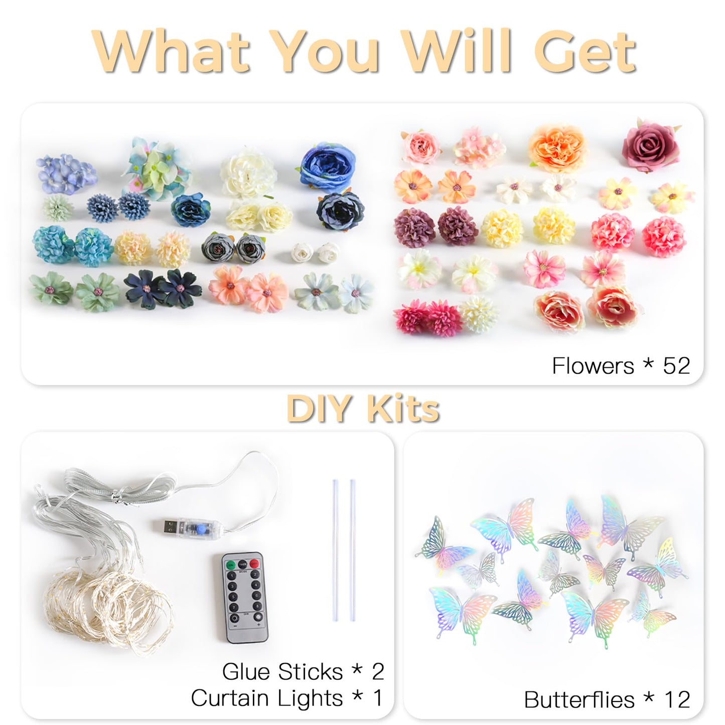 suddus DIY Curtain Lights Kit - 200 LED Fairy String Lights with 3D Butterflies & Silk Flowers, Remote Control 8 Modes USB Powered for Bedroom Wall to Wedding Backdrop (6.5x6.5ft Warm White)
