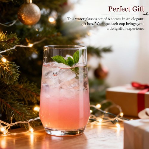 Ftystall Drinking Glasses Set of 6, 16.4oz Highball Glasses, Crystal Clear Tall Water Glasses, Glass Cups for Cocktail, Juice, Iced Tea, Mojito and Smoothies, Clear Glassware Set, Gifts