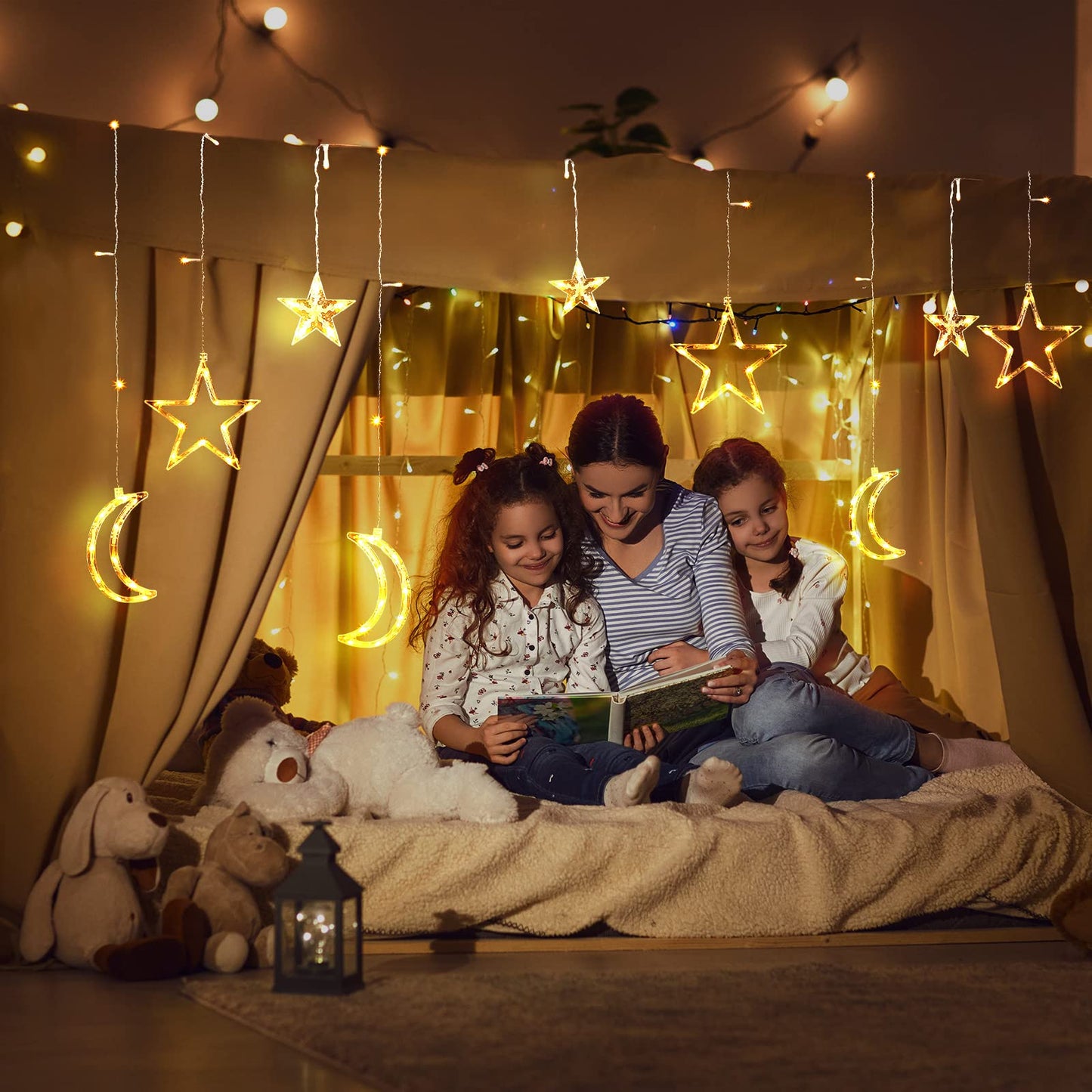 Riakrum 11.48 ft 21 LED Star and Moon String Lights Plug in Christmas Warm White Fairy Light Waterproof Decor for Bedroom USB Powered LED Curtain Light with USB Battery Box Cable Clip Wedding Party