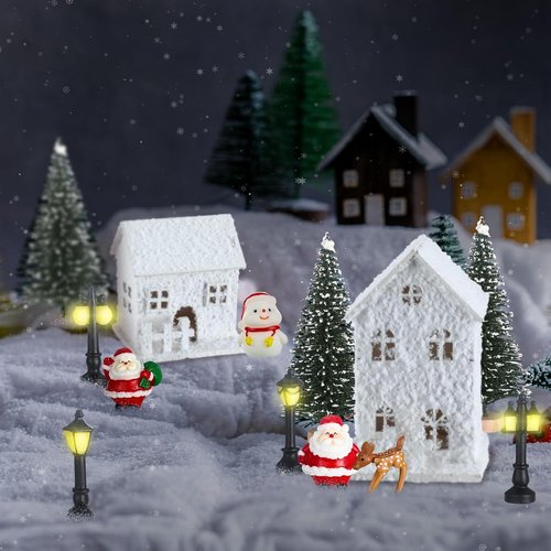 Gerrii Christmas Village House Set - 17 Pcs Winter Figurines with Snow & Santa | White Desktop Ornaments