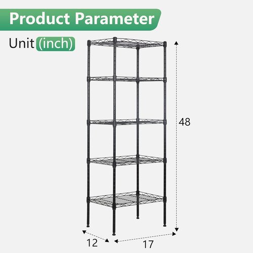 FDW Wire Shelving Unit - 5 Tier Adjustable Metal Storage Rack for Kitchen & Garage | 17L x 12W x 48H, Black