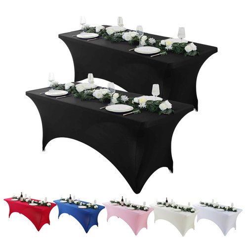 Craft And Party 2 Pack 6ft Black Spandex Tablecloth – Fitted Table Cloths – Stretch Tablecloth Universal Fit for Folding Tables – Wrinkle-Free, Washable – Ideal for Parties, Weddings, Events