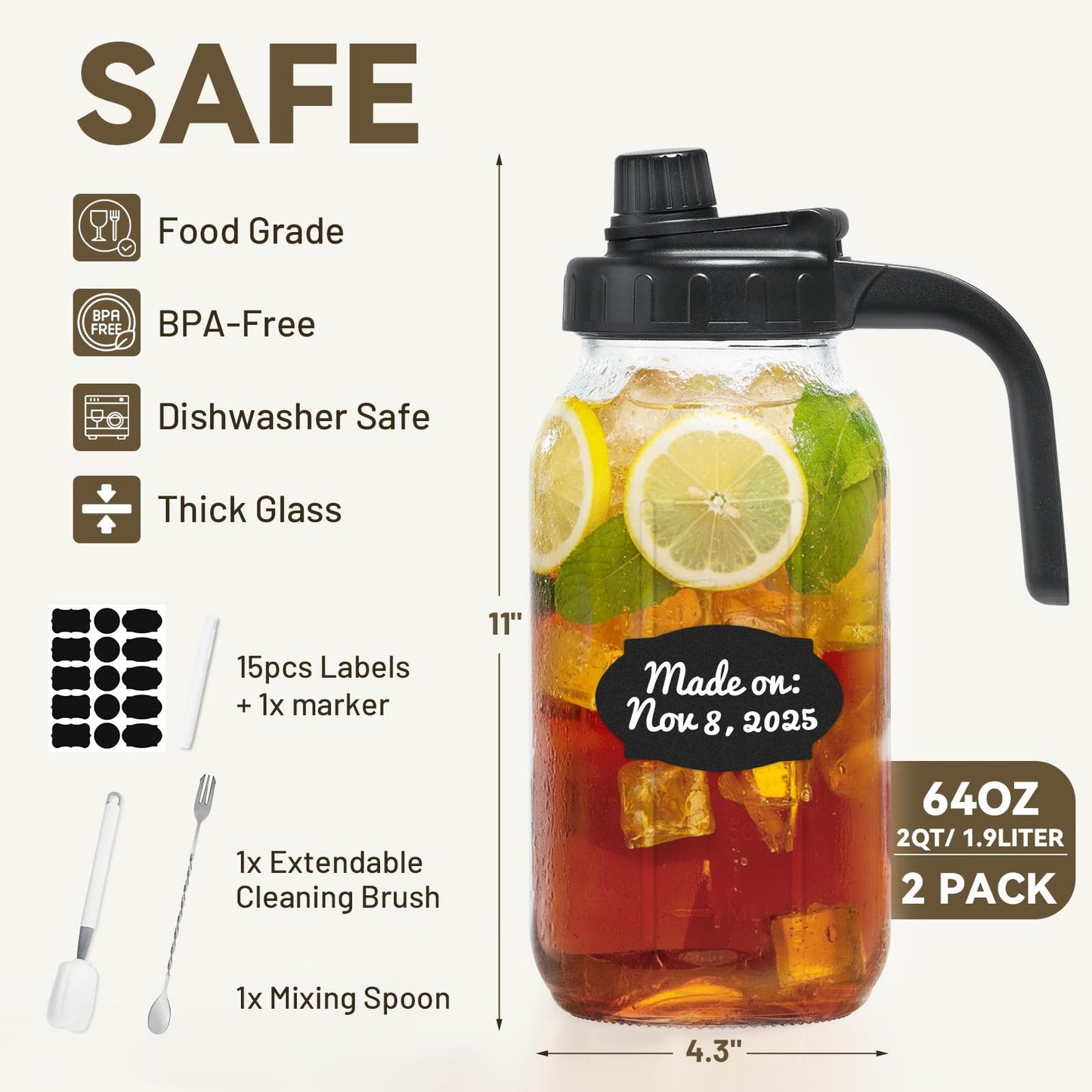 2 Pack Mason Jar Pitcher - Airtight & Leakproof Glass Pitcher with Lid, Perfect for Juice, Cold Brew, and Sun Tea - 2 Quart (64 oz) Mason Jar with Pour Spout Lid + Mixing Spoon, Brush, Labels