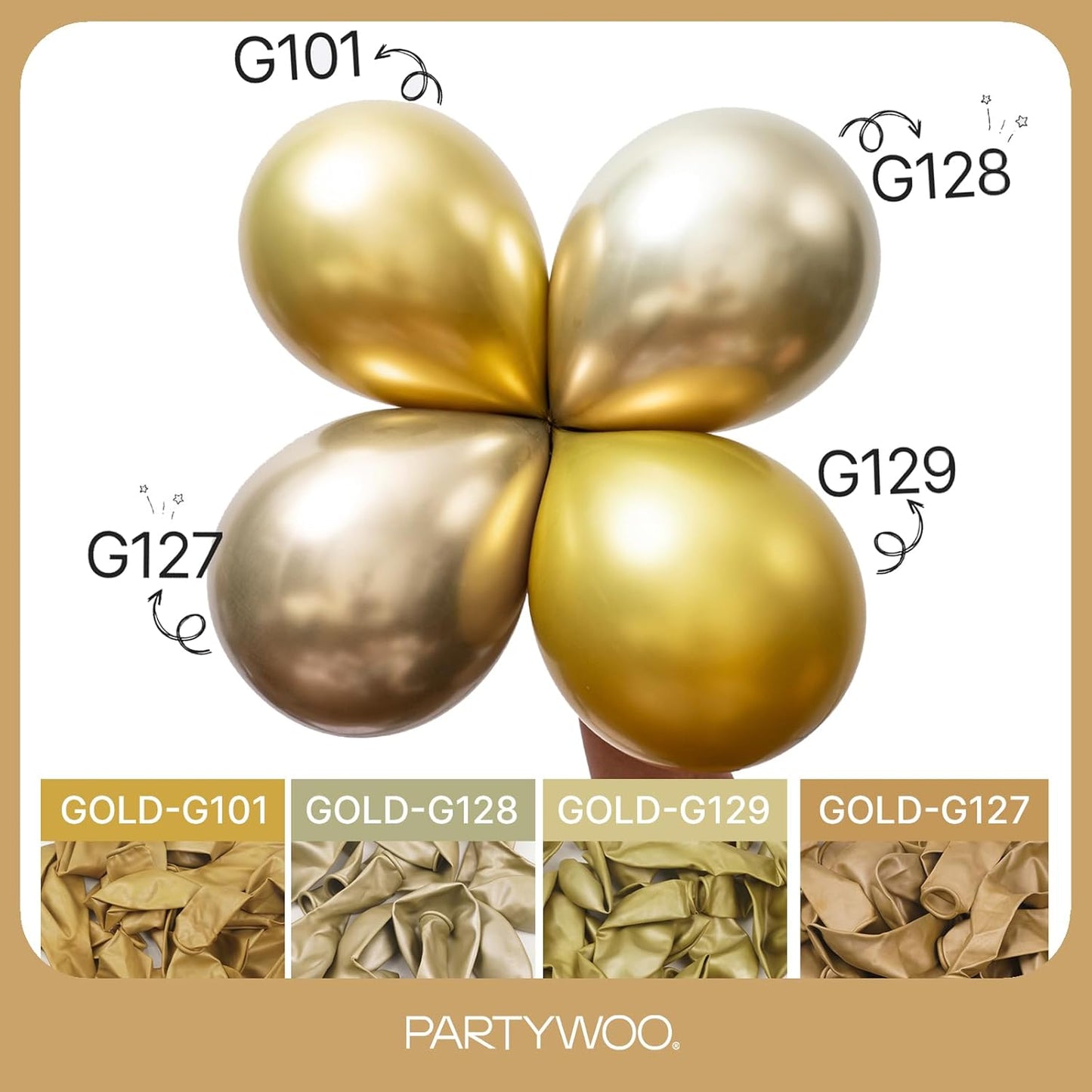 PartyWoo Metallic Gold Balloons - 120-Piece Chrome Balloon Arch Kit for Birthday & Wedding Decor | Various Sizes 5-18 Inch
