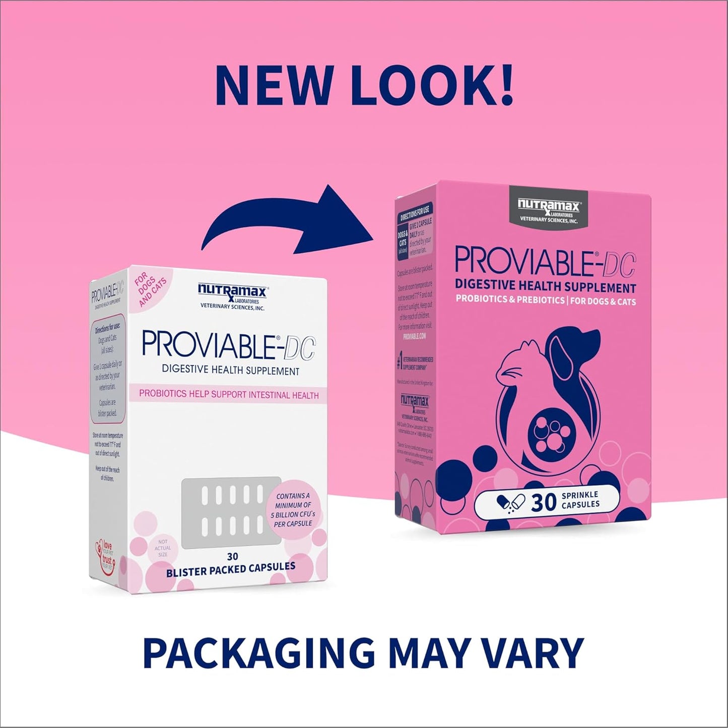 Nutramax Proviable Probiotics for Dogs & Cats - Daily Digestive Health Supplement with Prebiotics | 30 Capsules
