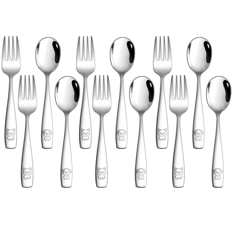 LIANYU 12 Pieces Kids Silverware Set, Stainless Steel Toddler Utensils, Food Grade Toddler 6 Forks and 6 Spoons for Self-Feeding, Metal Kids Cutlery Set with Cute Pattern, Dishwasher Safe