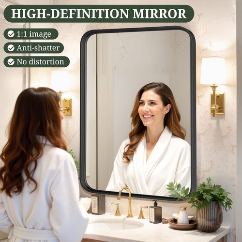 Black Metal Frame Bathroom Mirror by [Brand Name] - 36x24 Inch Modern Rectangle Design | Anti-Rust, Versatile Hanging