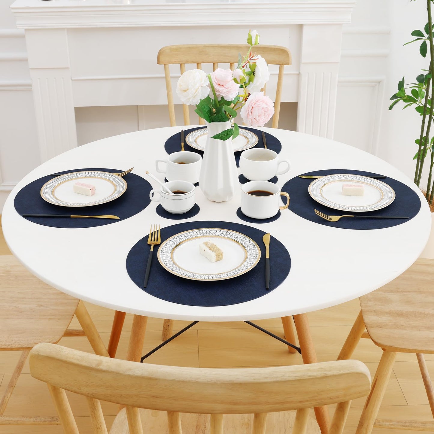 Homaxy Round Faux Leather Placemats and Coasters, Washable Dual-Side Table Mats, Wipeable Heat-Resistant Dining Place Mats for Outdoor and Indoor, Set of 6, Diameter 13 and 3.93 inch, Navy Blue
