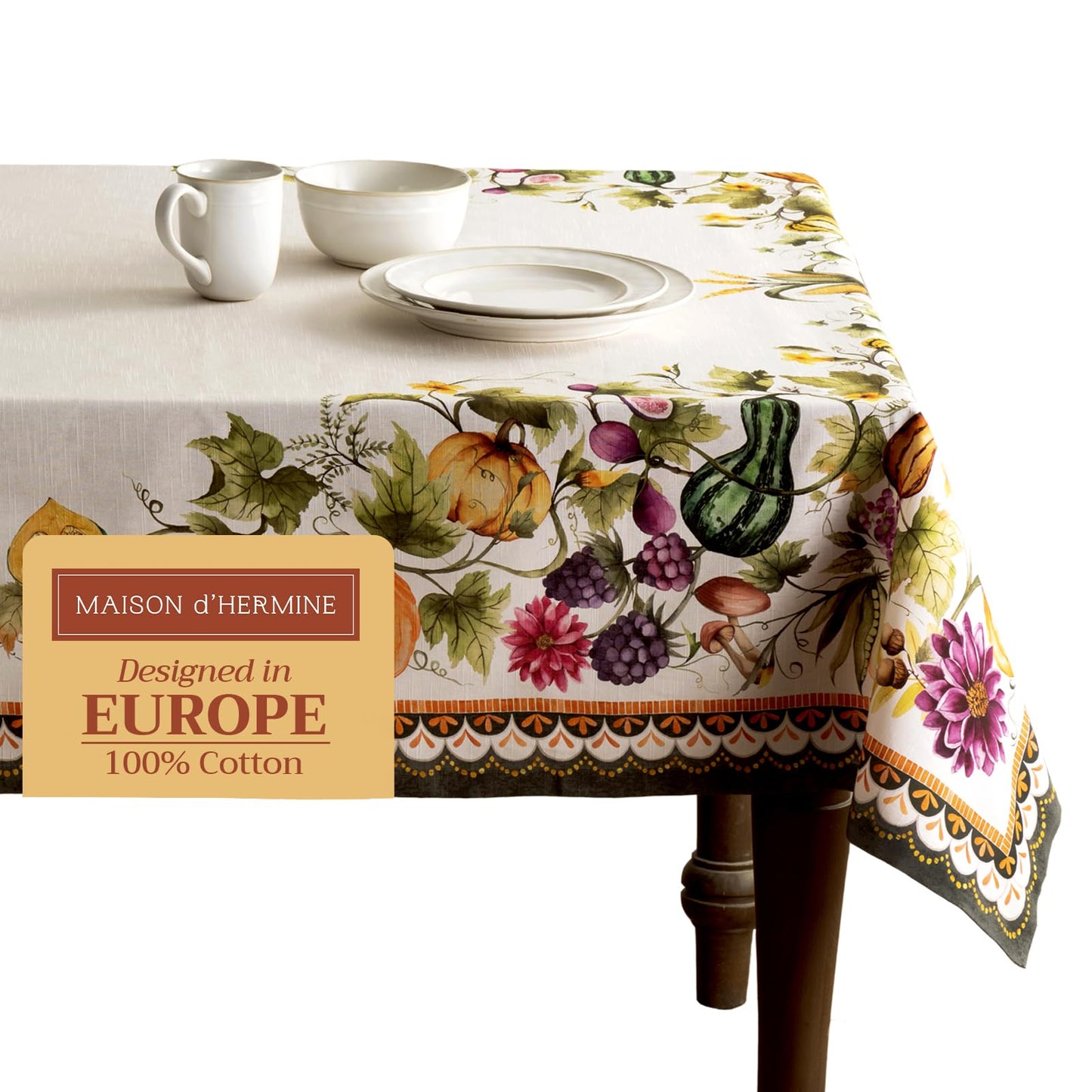 Maison d' Hermine Table Cloth Rectangle Table 100% Cotton 60 x 120 Inches Fall Tablecloth Reusable Everyday Use for Thanksgiving Christmas Decorations Dining Farmhouse (Pumpkin Garden - Cloudy Cream)