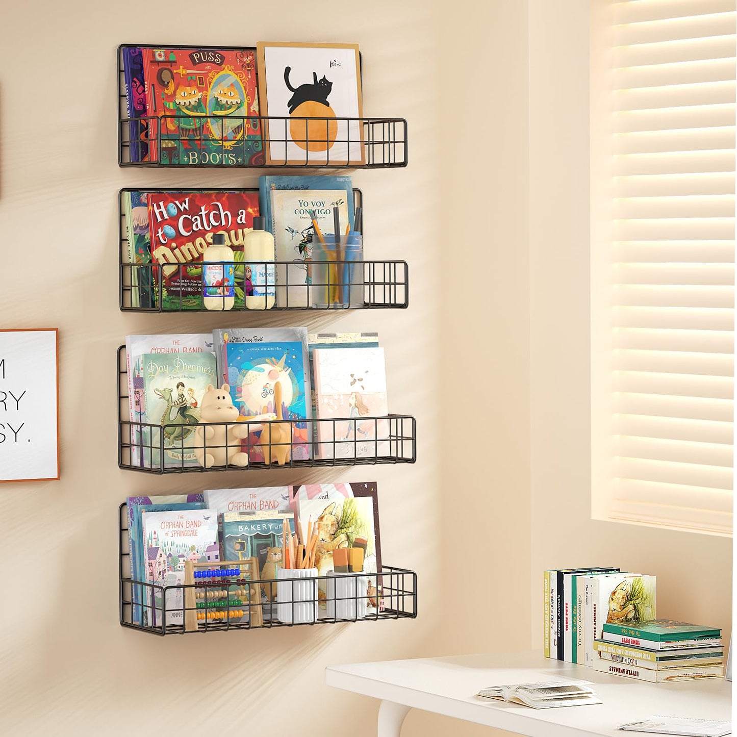 MFTEK Wall Mounted Metal Kids Bookshelf - Wall Book Shelf for Kids Rooms, Hanging Book Shelves Organizer for Room Decor, Nursery Classroom Home Floating Bookshelves Black 4 Pack