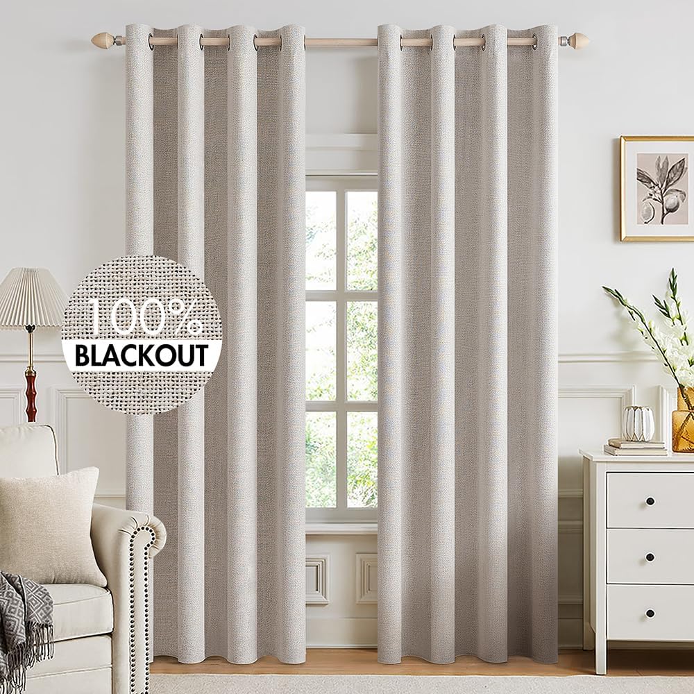 MIULEE 100% Blackout Linen Textured Curtains - Solid Thermal Insulated Ivory Grommet Drapes | 52 x 92 Inch (2 Panels)