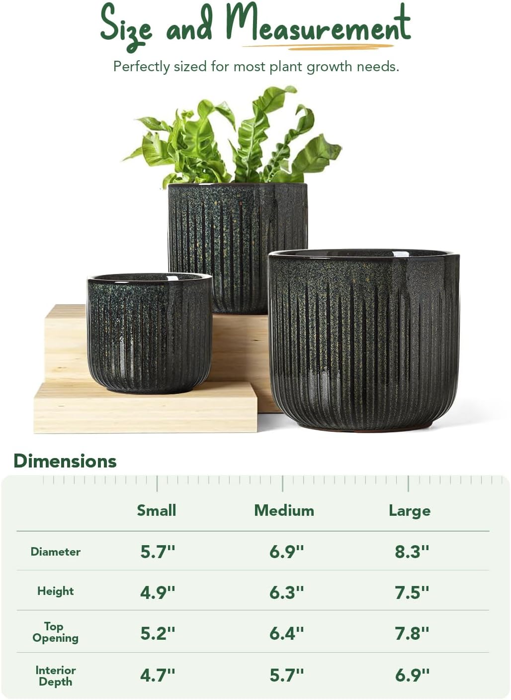 LE TAUCI Ceramic Plant Pots - Set of 3 Indoor Planters with Drainage Holes | 8.3/7/6 Inch Dark Olive Finish