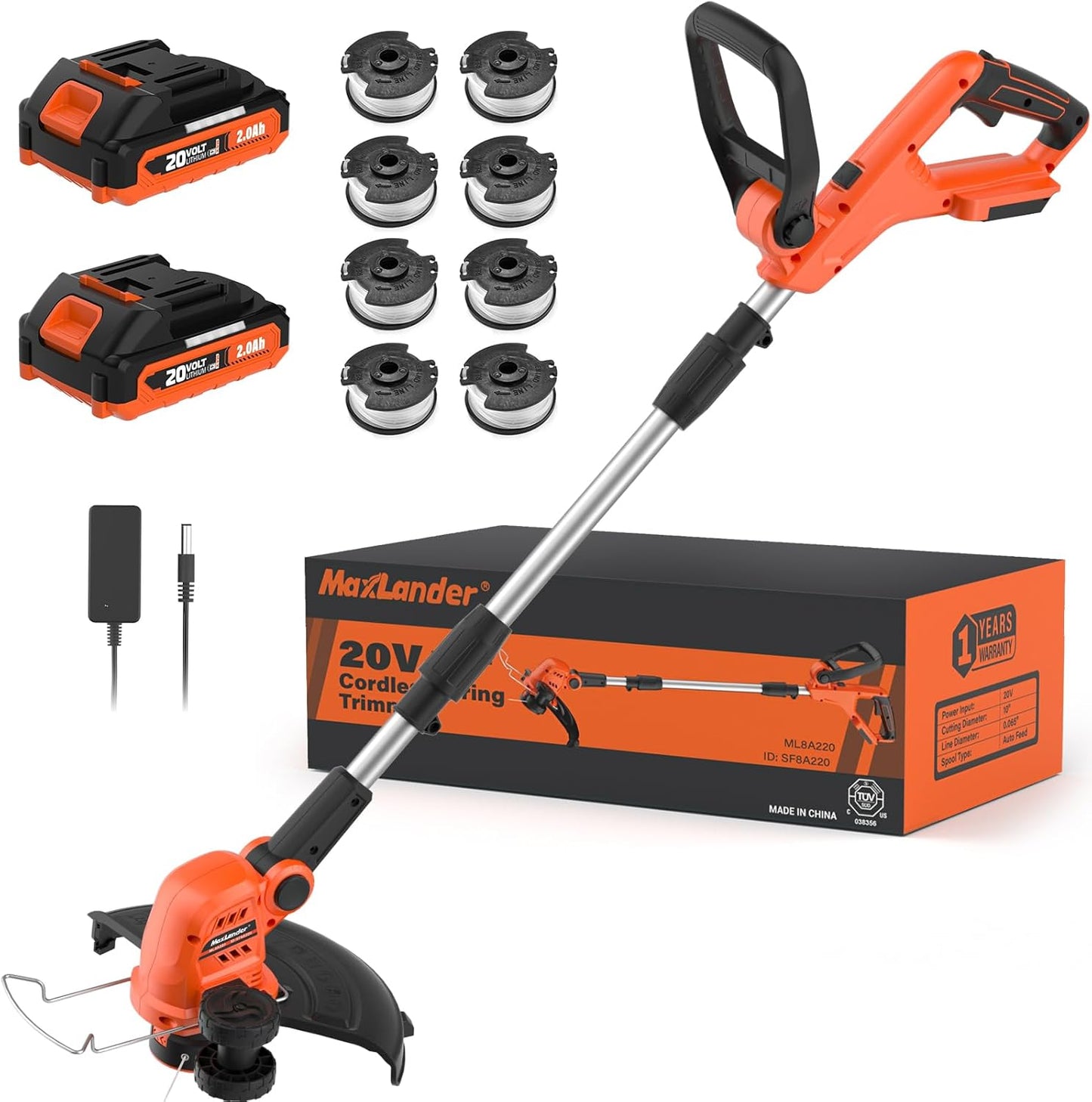 MAXLANDER Cordless Weed Wacker - 20V 12 Inch String Trimmer with 8 Replacement Spools & Batteries