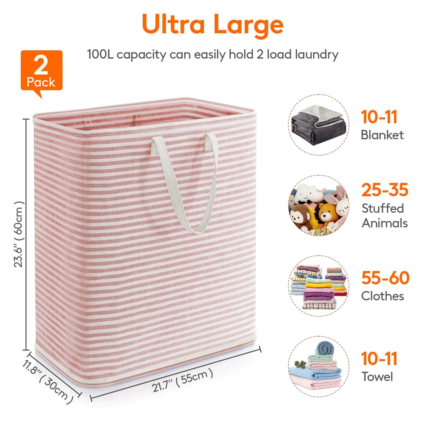Lifewit 2 Pack Laundry Basket 100L Each, Collapsible Clothes Hamper with Reinforced Handles, Freestanding Waterproof Design for Bedroom and Laundry Room, Grey&Pink 200L Total