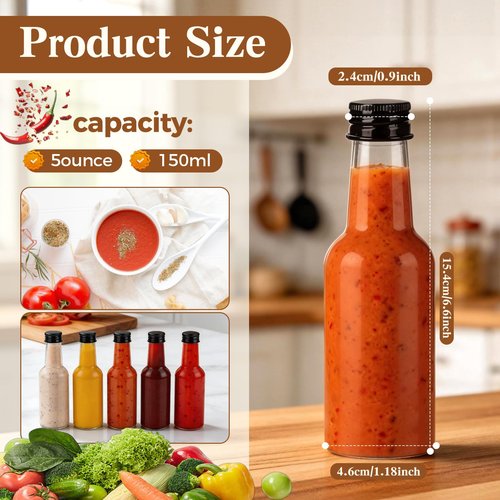 Flojudo 100 Pcs 5 oz Plastic Hot Sauce Bottles, Clear Plastic Woozy Bottles with Leakproof Black Screw Caps, Empty Mini Bottle for Sauce, Syrup, Juice, Liquor