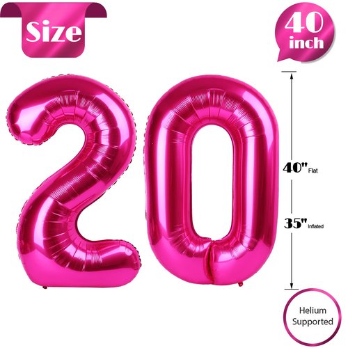 Hot Pink Number 20 Balloons 40 inch, 20 Number Balloons, 20th Birthday Decorations, 20 Year Old Women Hot Pink Party Supplies