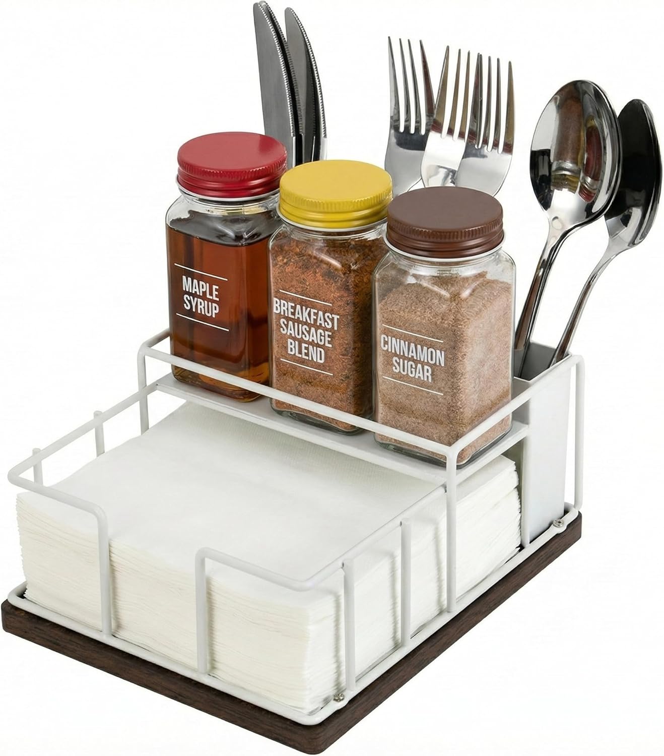 Wood & Metal Napkin Holder by [Brand Name] - 3-in-1 Utensil Caddy & Spice Rack for Kitchen & Patio (White)
