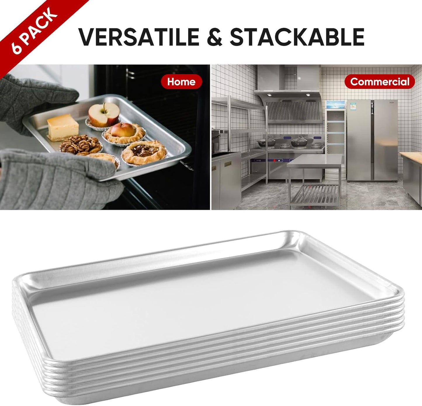 TENUP Aluminum Half Sheet Pan - 6 Pack Heavy Duty Baking Tray, 18" x 13", Warp-Resistant & Rust-Free