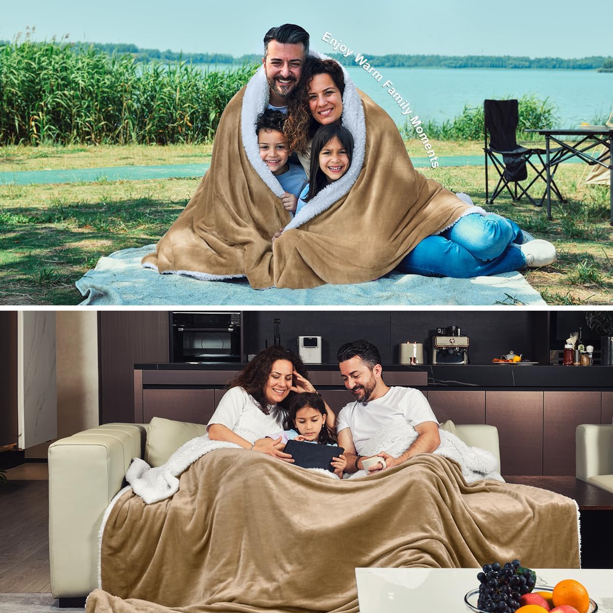 KAWAHOME Sherpa Fleece Queen Size Blanket - Extra Warm 500GSM Plush Blanket in Camel, Perfect for Winter