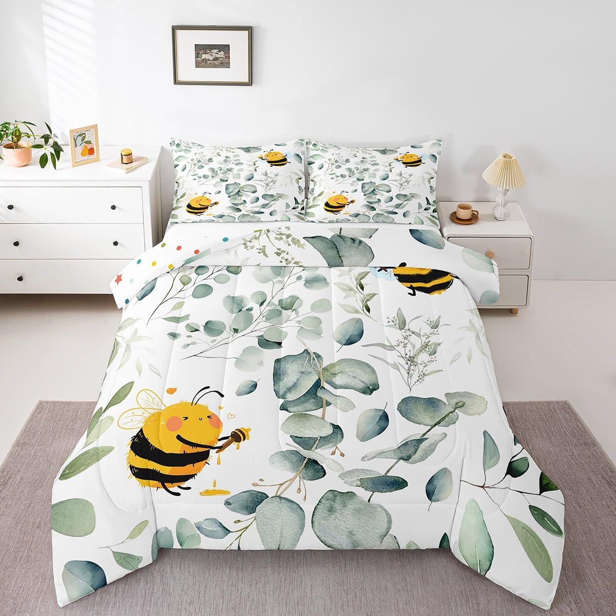 Erosebridal Boys Cartoon Wildlife Twin Size Comforter Set for Kids Toddler Kawaii Bee Bedding Set, Honey Bee Down Comforter Wild Animal Bed Set, Botanical Green Eucalyptus Quilted Duvet