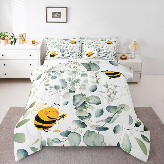 Erosebridal Boys Cartoon Wildlife Twin Size Comforter Set for Kids Toddler Kawaii Bee Bedding Set, Honey Bee Down Comforter Wild Animal Bed Set, Botanical Green Eucalyptus Quilted Duvet