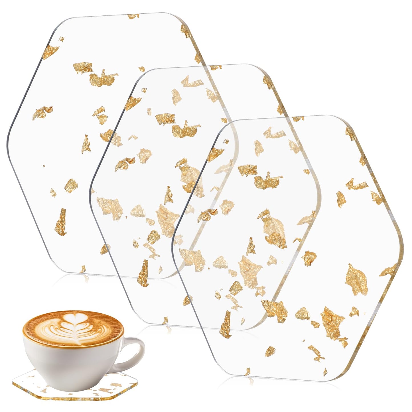 3 Pcs Acrylic Coaster for Desk Gold Foil Modern Drink Coasters for Coffee Table Non-Slip Transparent Waterproof Cup Mats for Table Countertop Desk Cold Hot Drink Home Decor (Hexagon)