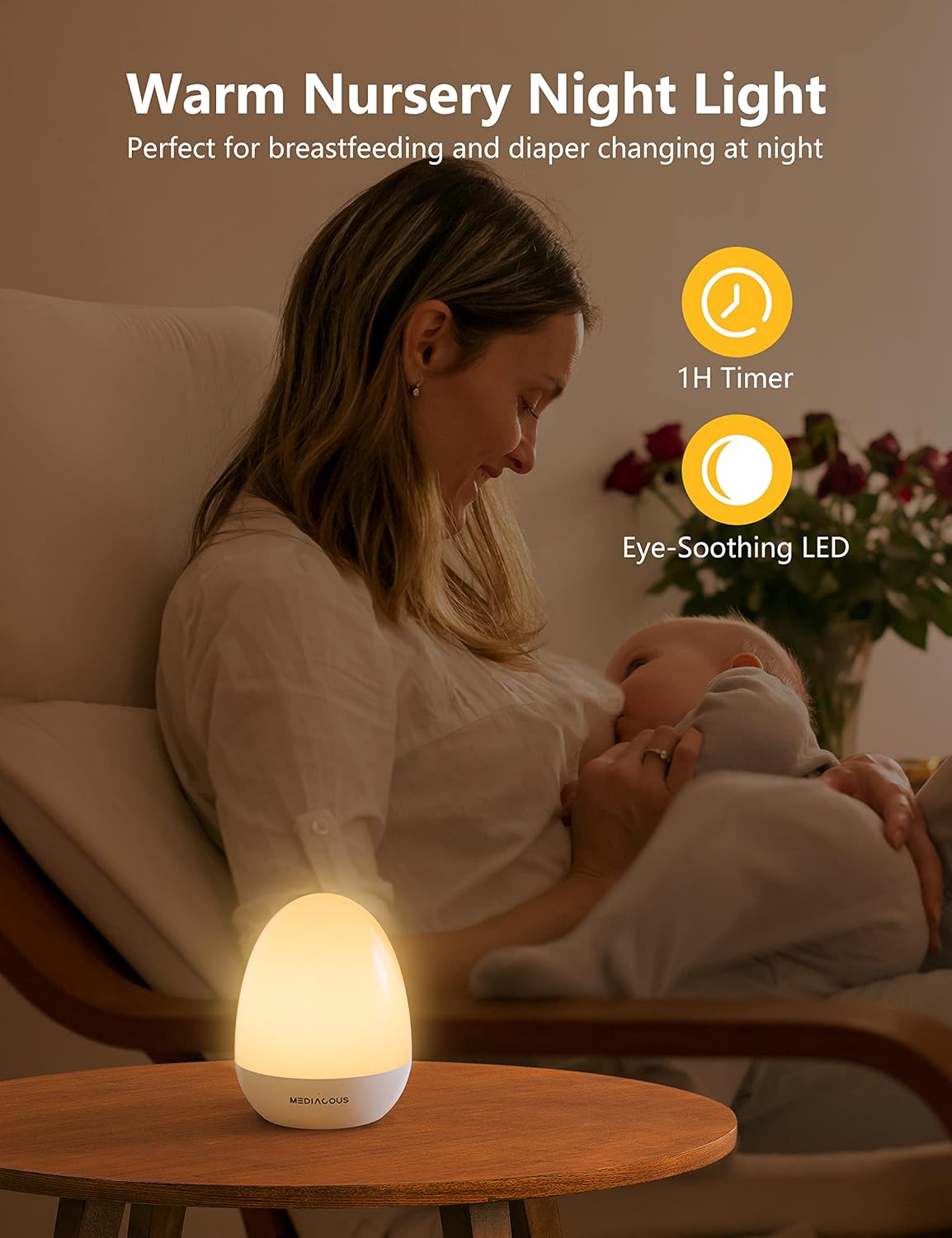 MediAcous Night Light - Dimmable Egg Light for Kids' Room | Touch Control & 1H Timer, 200H Battery Life