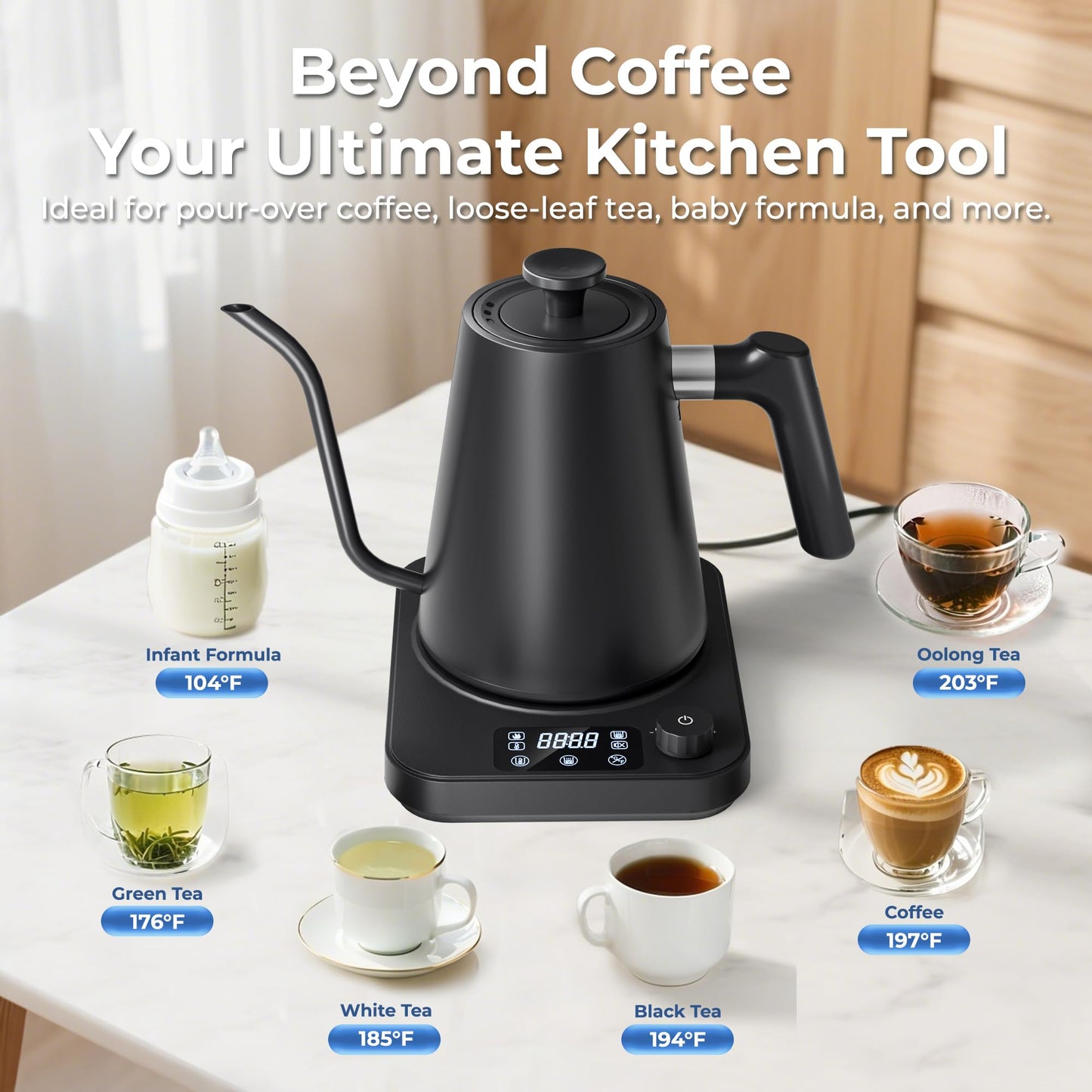 AGORVIO Gooseneck Electric Kettle, ±1°F Temperature Control, Smart Altitude Adaptation, 24H Keep Warm, 30-Min Auto Memory, Food Grade Stainless Steel, Pour Over Kettle for Coffee and Tea, 1200W/1.0L
