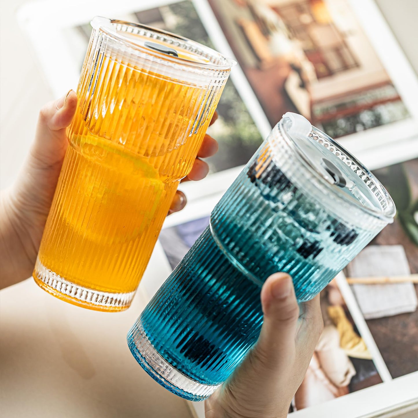 wangsdjy 20oz Ribbed Drinking Glasses with Lids and Glass Straws-Thickened Glass cup -Vintage glass straw cups- Ideal for Iced Coffees, Cocktails, Juices, Family Use and Parties (4)