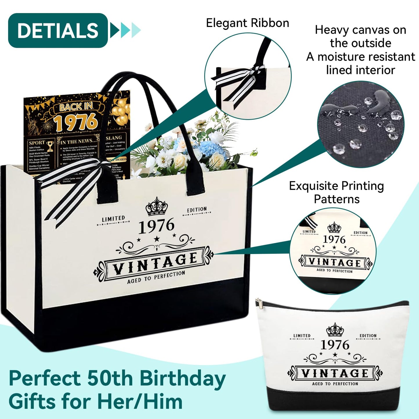 TrophyToast 50th Birthday Gifts for Women Her- 4 pcs, Turning 50 Year Old Gifts, Decorations Canvas Beach Tote Bag & Makeup Bag, Unique Happy 50th Present for Her Mom Wife Friends