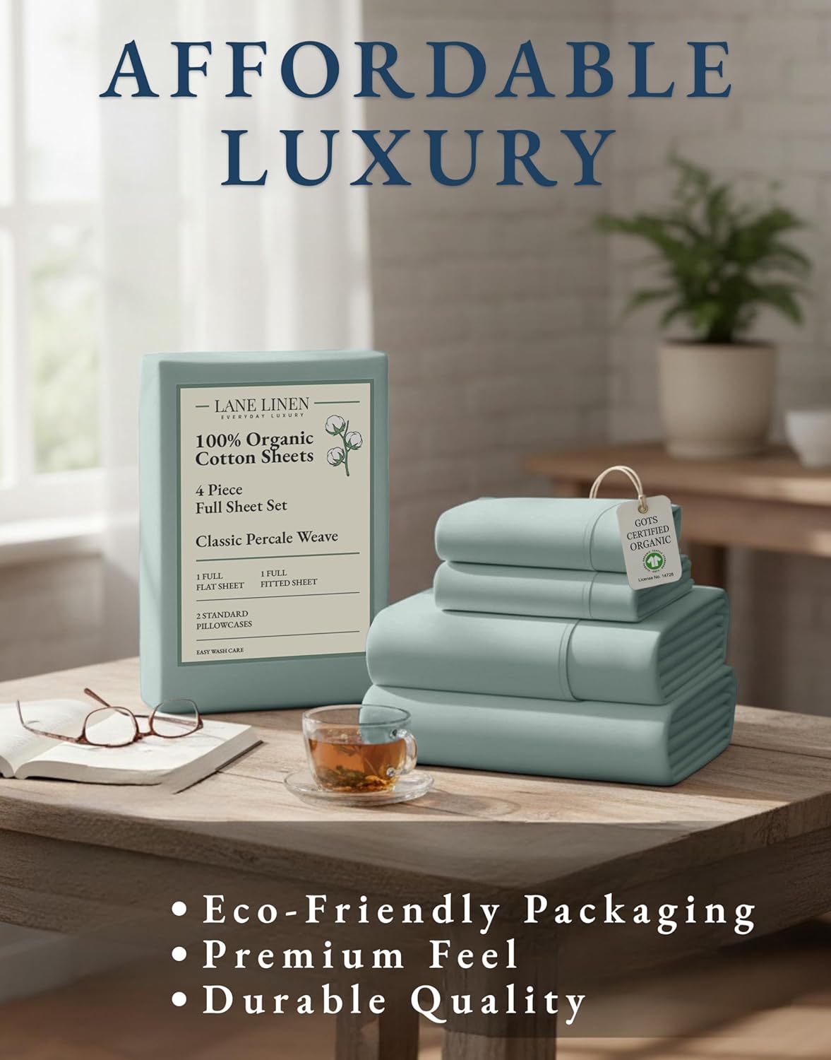 LANE LINEN 100% Organic Cotton Full Sheet Set - 4-Piece Soft Percale Bedding in French Blue, Fits Mattresses Up to 15" Deep