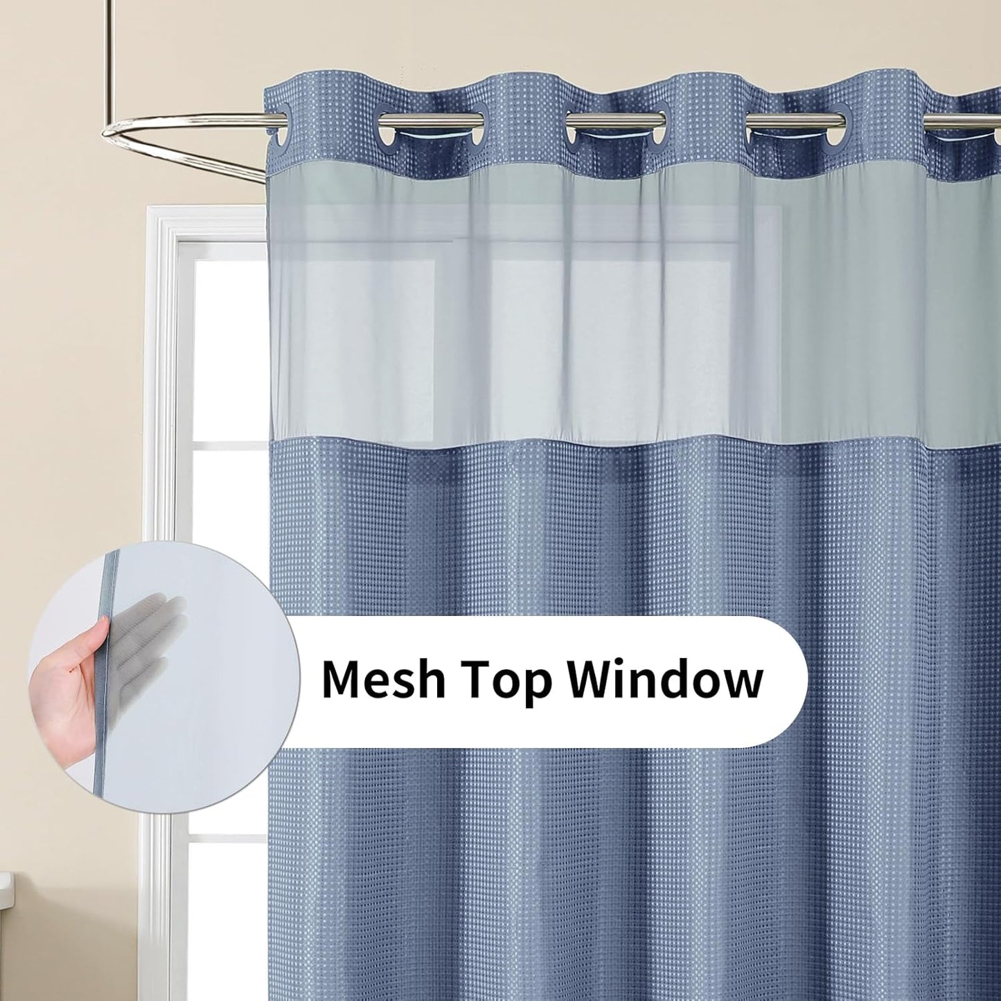 Skiennix No Hook Shower Curtain - Heavy Duty Waffle Weave with Mesh Top Window | 72 x 75 Inch, Moonlight Blue