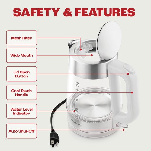 Electric Kettle for Boiling Hot Tea & Water | 1.7L Stainless Steel Borosilicate Glass Boiler With No Plastic, Automatic Shutoff, BPA Free, Fast Heating Technology (White)