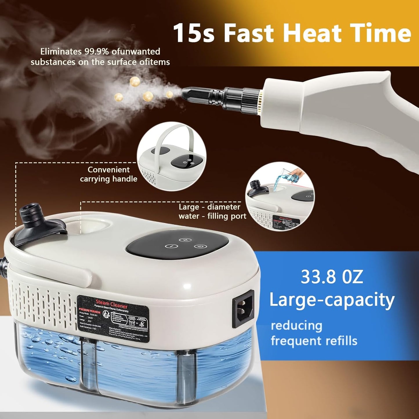 Skiennix Handheld Steam Cleaner - 1000ml Water Tank, 15S Heat-Up Time | Multipurpose Home Steamer