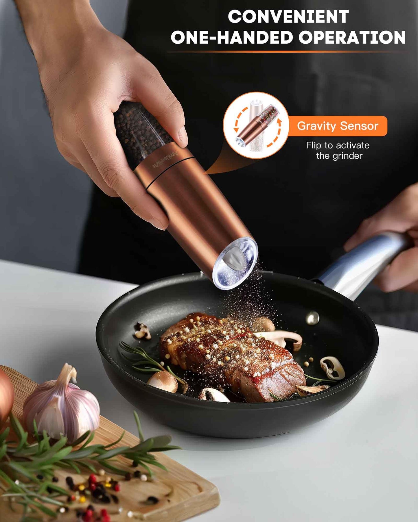 AmuseWit Gravity Electric Pepper Mill or Salt Grinder Mill [White Light] USB Rechargeable Automatic Pepper Grinder, Adjustable Coarseness, One-Handed Operation, Stainless Steel