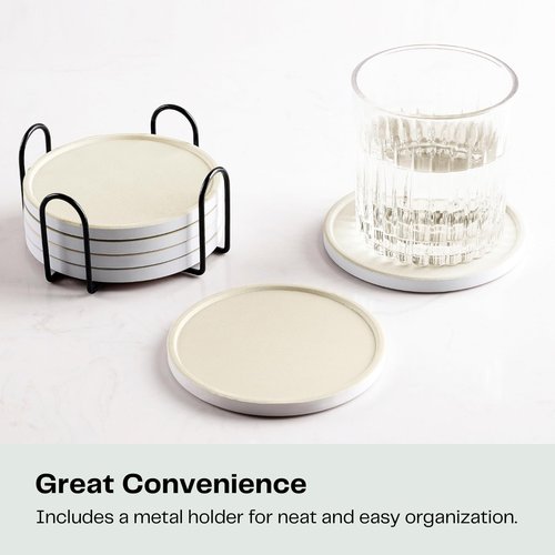 Hoomey Set of 6 Beige Coasters with Holder, Absorbent Ceramic Drink Coasters with Cork Backing for Table Protection, Table Decor, Housewarming Gifts
