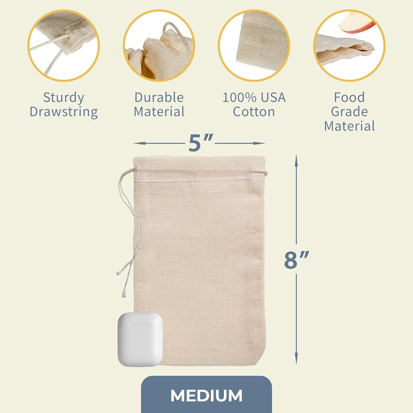 Celestial Gifts Muslin Bags 100pcs 5x7, 100% Cotton Drawstring Bags for Party Favors, Parts, Cowboy Coffe and More - Made in USA (Natural Hem & Drawstring)