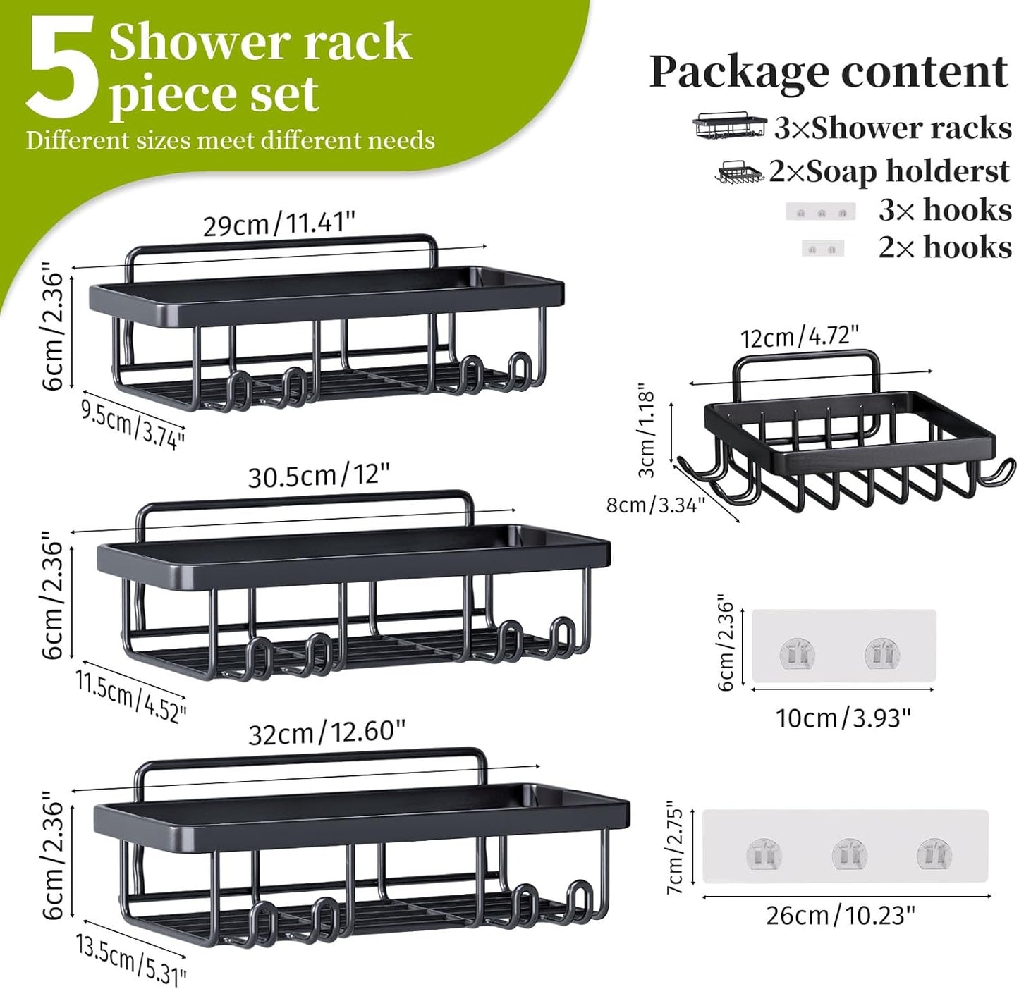 Skiennix Adhesive Shower Caddy - Rustproof Stainless Steel Bathroom Organizer | 5 Pack, Large Capacity, No Drilling, Black