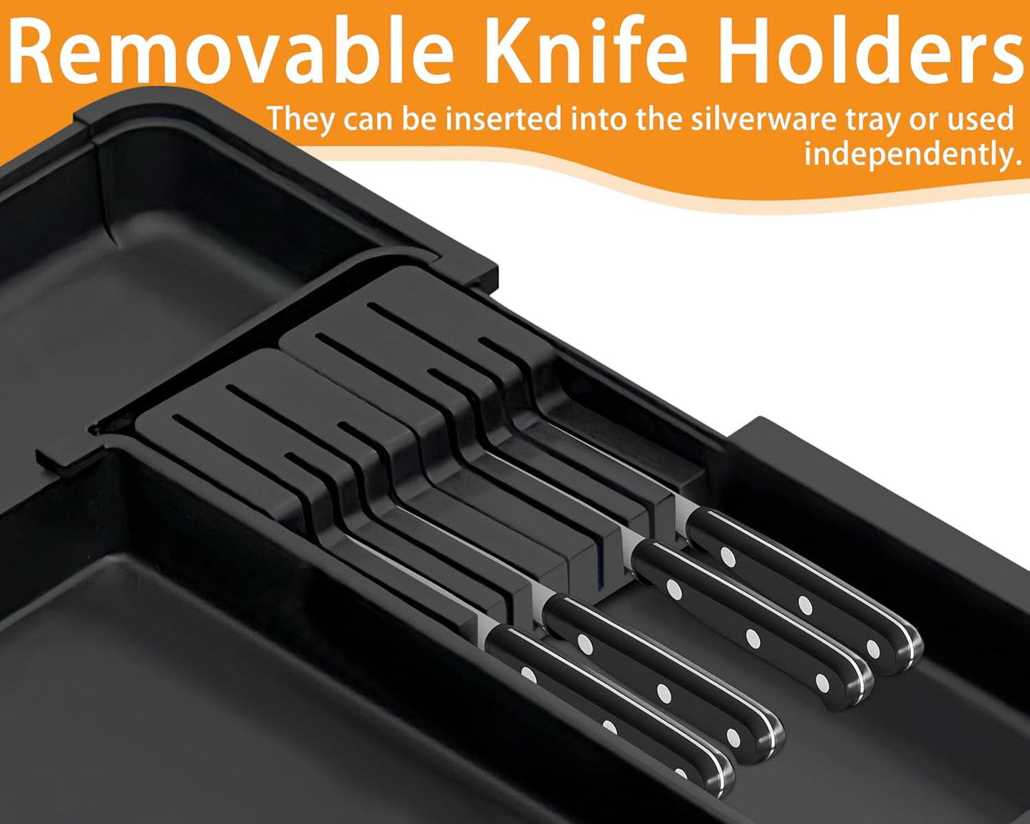 Skiennix Large Utensil Drawer Organizer - Expandable Silverware Holder with Removable Knife Block | Black