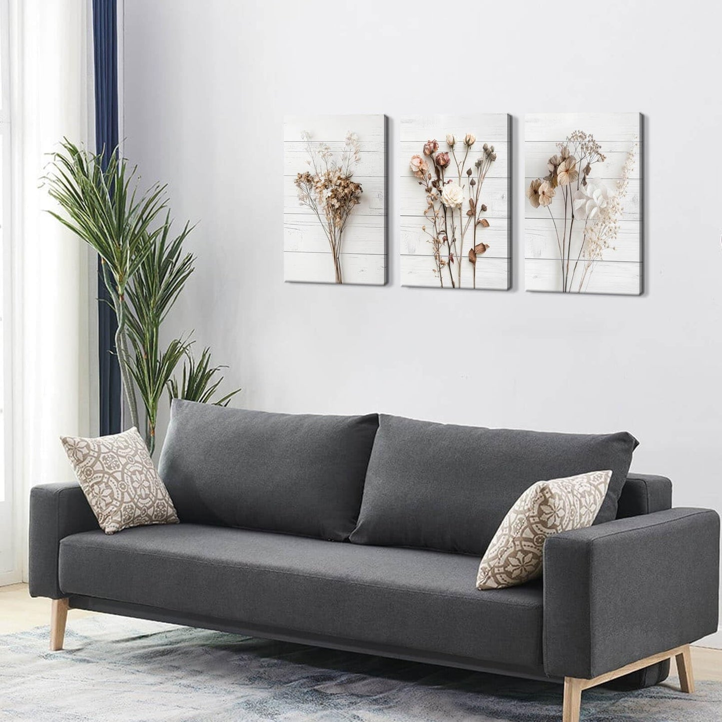 Modern Farmhouse Wall Decor Dried Wildflower Neutral Canvas Print Still Life Wall Art for Bedroom Aesthetic Rustic Floral Wall Art for Living Room Wall Decoration Stretched Set of 3 Pieces 16x24inches