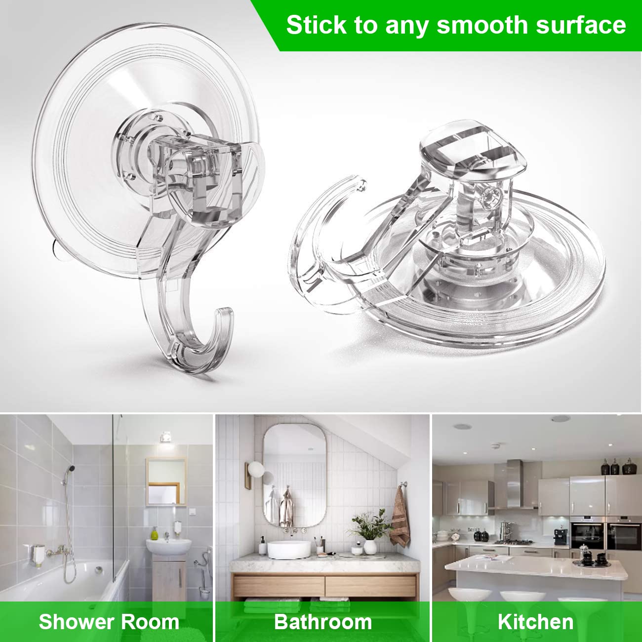LUXEAR Suction Cup Hooks - 6 Pack Suction Hooks Reusable Powerful Waterproof - Clear Removable Suction Hanger for Shower,Tile,Bathroom,Towel,Kitchen,RV,Travel,Glass Door,Window