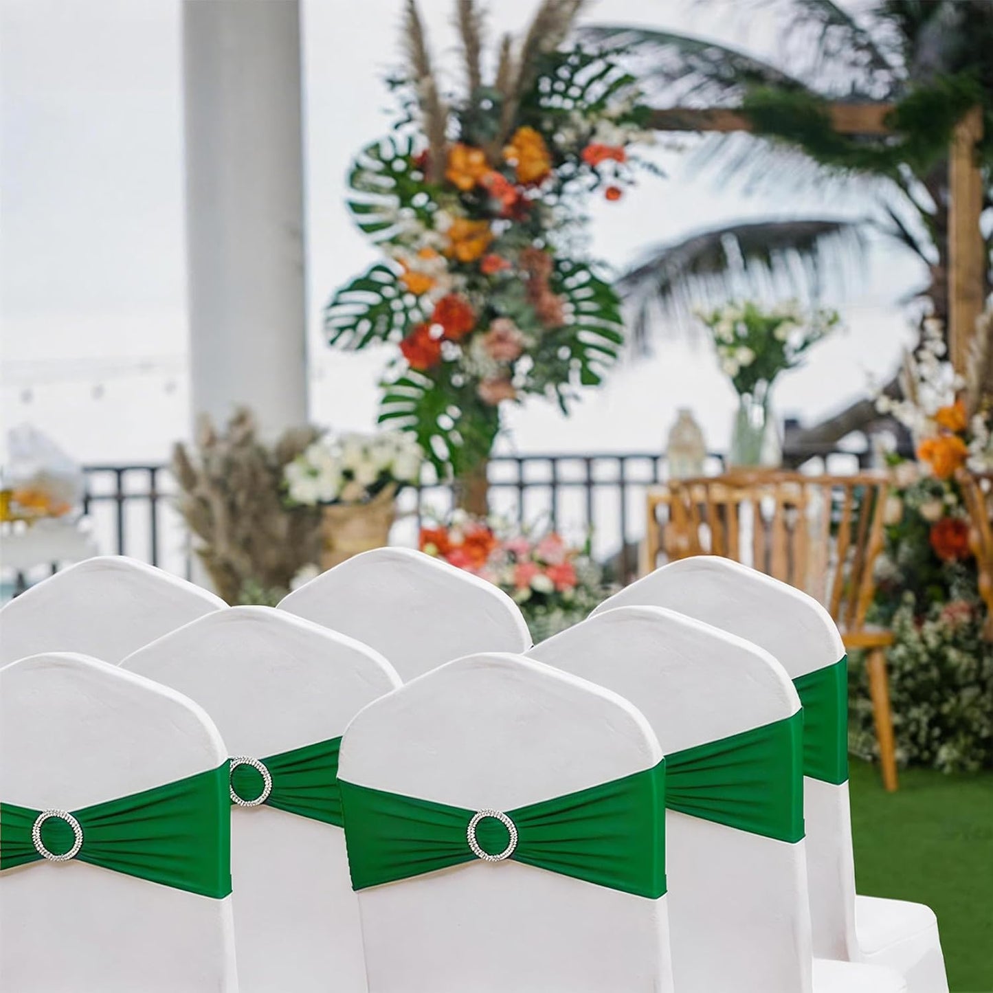 Skiennix 50 Pack Dark Green Spandex Chair Sashes - Adjustable Slider Buckles for Weddings & Events