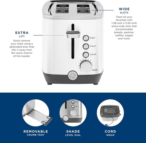 GE 2-Slice Toaster - Extra Wide Slots for Bagels & Waffles | 7 Shade Settings, Removable Crumb Tray, 850 Watts, White