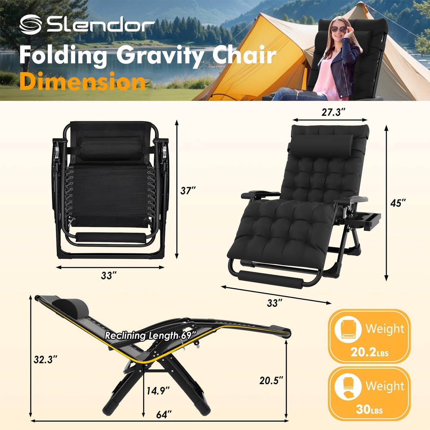 Slendor Oversized Zero Gravity Chair - XXL Padded Lounge Chair with Headrest & Cup Holder | Supports 500lbs, Black