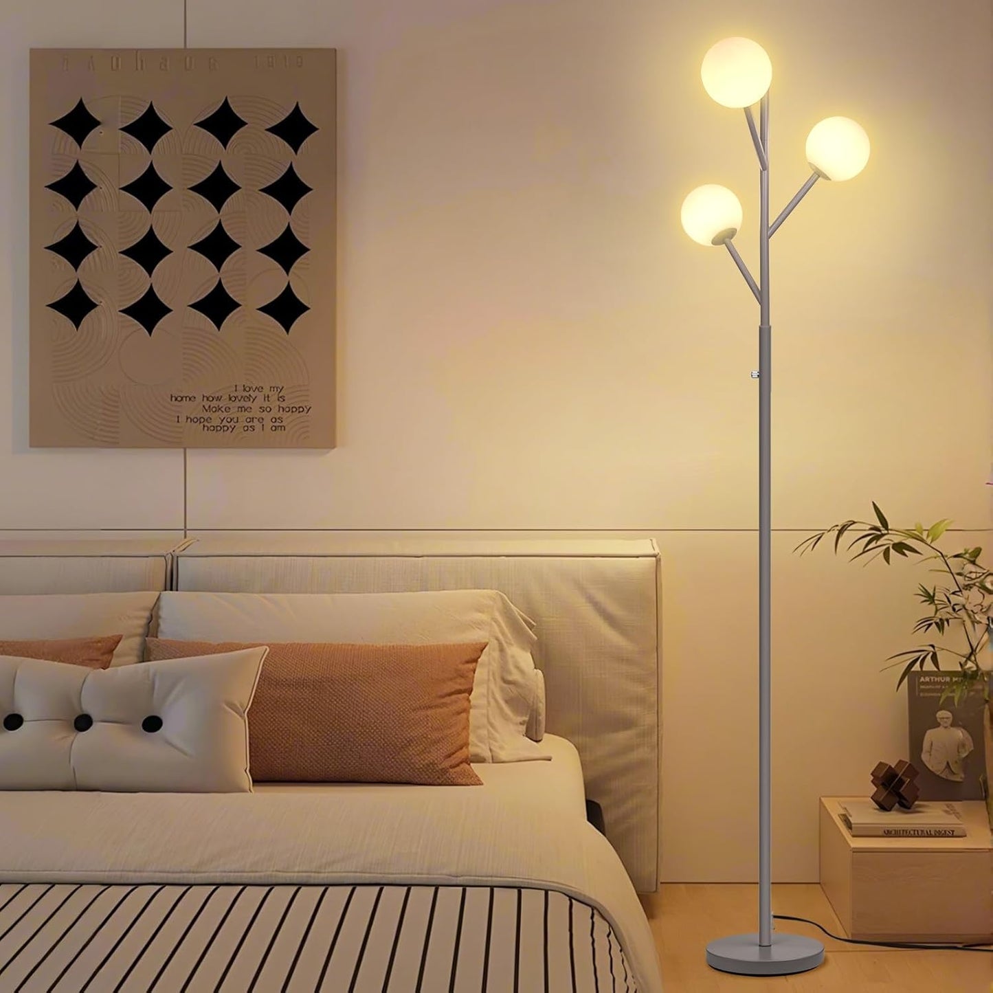 Globe Mid Century Tree Floor Lamp with 3 Light Bulbs,70in Tall Standing Glod Floor Lamp with Frosted Glass Shade for Living Room,Office,Bedroom, Study Room, Hotel, Antique Brass Lighting