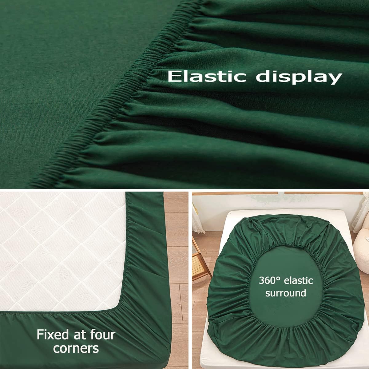 Queen Size Fitted Sheet by [Brand Name] - Soft Microfiber, 15-Inch Deep Pocket, Dark Green | Fade & Shrink Resistant