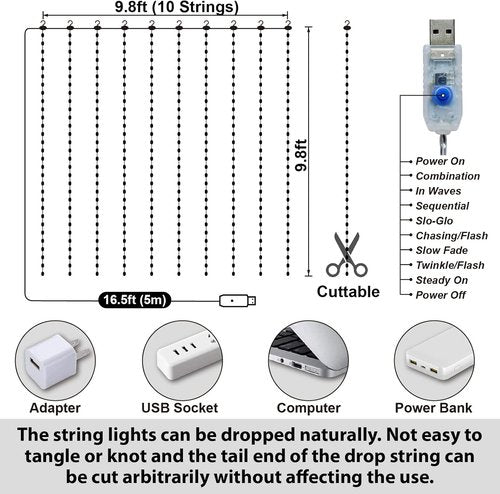 HXWEIYE 300LED Fairy Curtain Lights - 9.8x9.8Ft USB Plug-In with Remote | 8 Modes for Indoor Decor, Purple