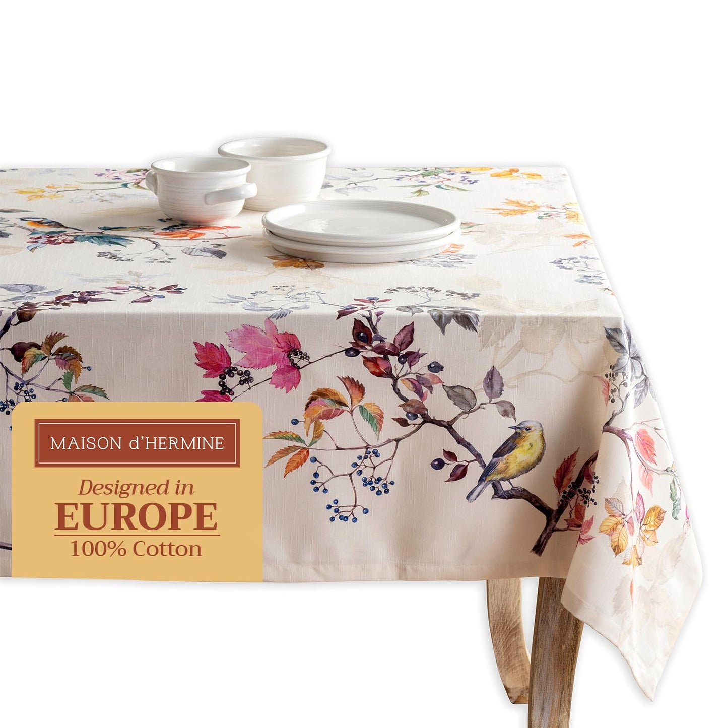 Maison d' Hermine Table Cloth Rectangle Table 100% Cotton 60 x 120 Inches Fall Tablecloth Reusable Everyday Use for Thanksgiving Christmas Decorations Dining Farmhouse Party (Equinoxe - Beige)